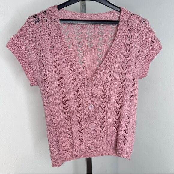 Vintage Pink Crochet Knit Cardigan Top Open Knit Coquette Y2K Cottagecore - Picture 3 of 7